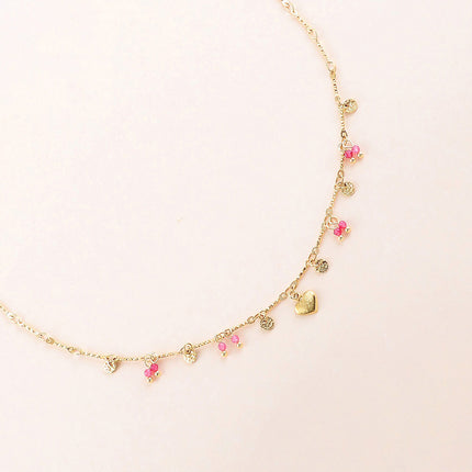 Collier - pastilles rondes martelées, pâtes de verre et pendentif coeur effet brossé