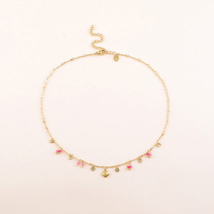Collier - pastilles rondes martelées, pâtes de verre et pendentif coeur effet brossé