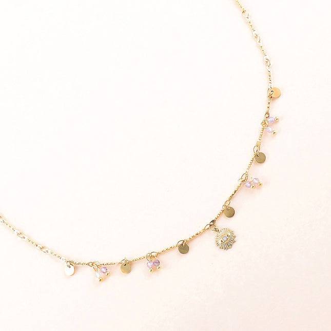 Collier - pastilles rondes, pierres naturelles et pendentif oeil