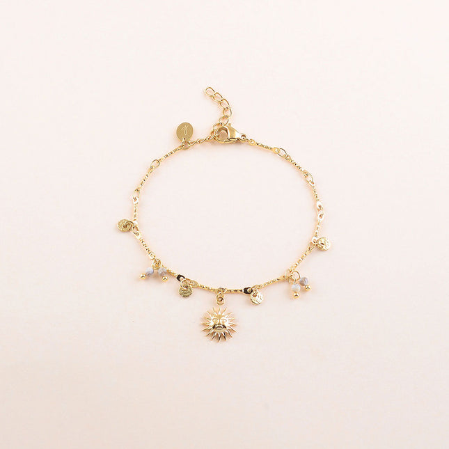 Bracelet - pastilles rondes martelées, pierres naturelles et pendentif soleil