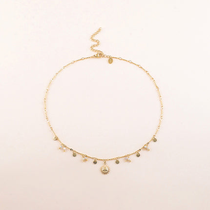 Collier - pastilles rondes martelées, pierres naturelles et pendentif soleil