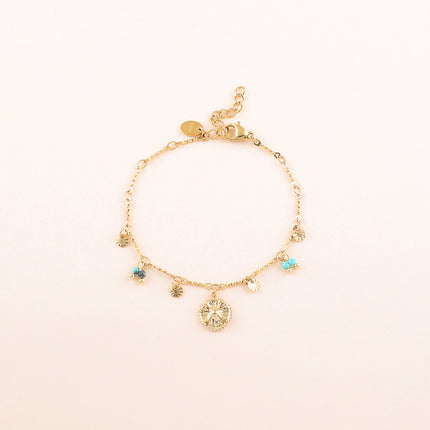 Bracelet - pastilles rondes martelées, pierres naturelles et pendentif fleur