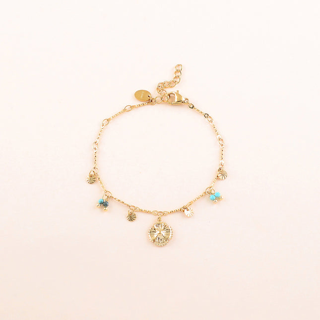 Bracelet - pastilles rondes martelées, pierres naturelles et pendentif fleur