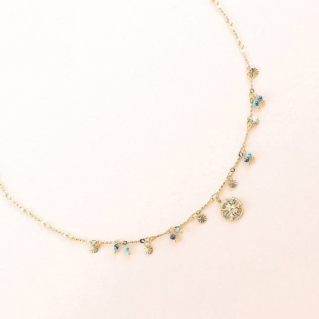 Collier - pastilles rondes martelées, pierres naturelles et pendentif fleur
