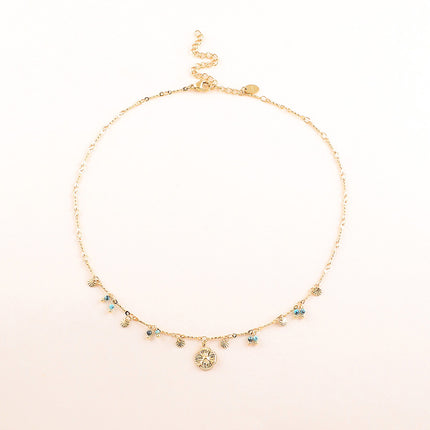 Collier - pastilles rondes martelées, pierres naturelles et pendentif fleur