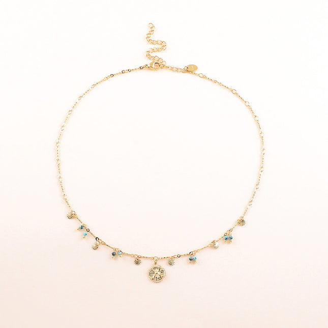 Collier - pastilles rondes martelées, pierres naturelles et pendentif fleur