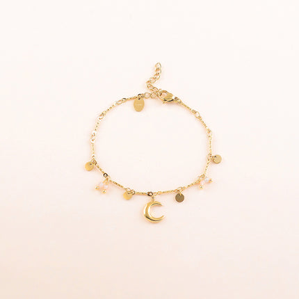 Bracelet - pastilles rondes, pierres naturelles et pendentif croissant de lune