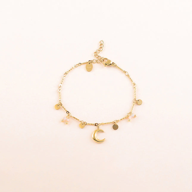 Bracelet - pastilles rondes, pierres naturelles et pendentif croissant de lune
