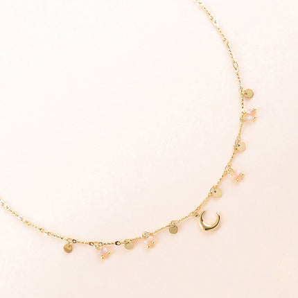 Collier - pastilles rondes, pierres naturelles et pendentif croissant de lune
