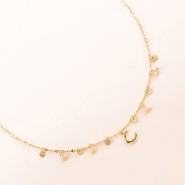 Collier - pastilles rondes, pierres naturelles et pendentif croissant de lune