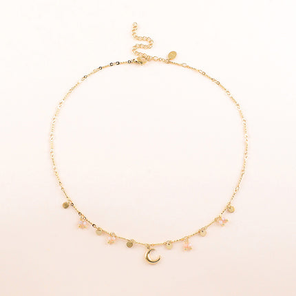 Collier - pastilles rondes, pierres naturelles et pendentif croissant de lune