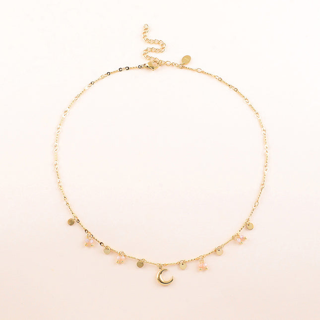 Collier - pastilles rondes, pierres naturelles et pendentif croissant de lune