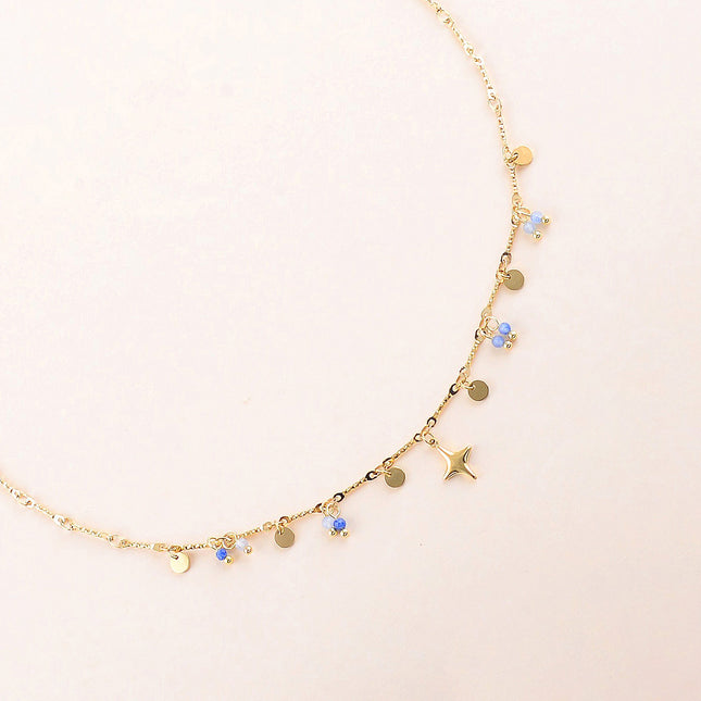 Collier - pastilles rondes martelées, pierres naturelles et pendentif étoile du Nord