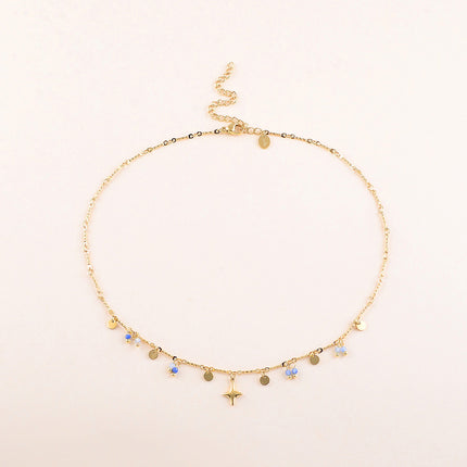 Collier - pastilles rondes martelées, pierres naturelles et pendentif étoile du Nord