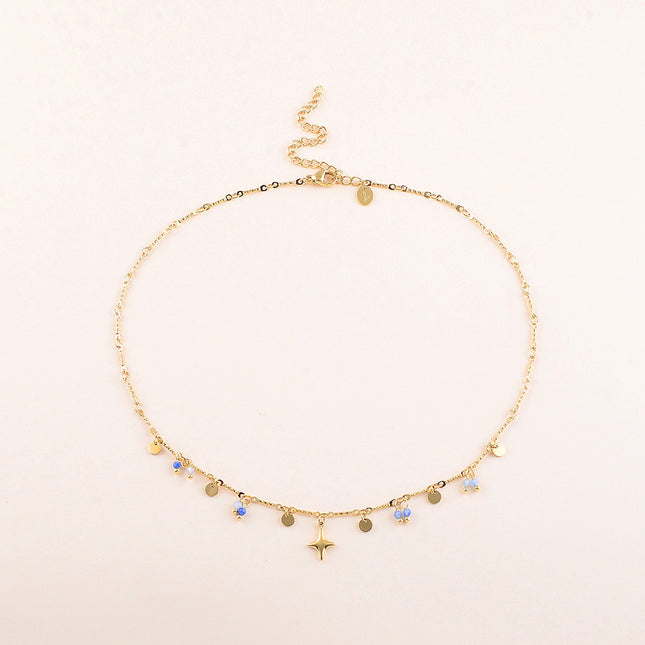Collier - pastilles rondes martelées, pierres naturelles et pendentif étoile du Nord