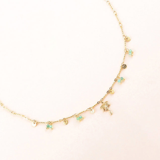 Collier - pastilles rondes martelées, pierres naturelles et pendentif palmier