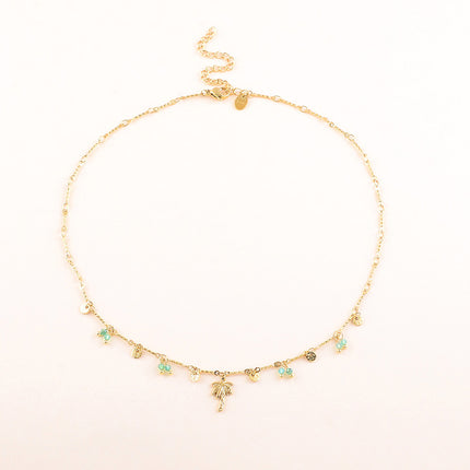 Collier - pastilles rondes martelées, pierres naturelles et pendentif palmier