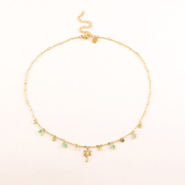 Collier - pastilles rondes martelées, pierres naturelles et pendentif palmier