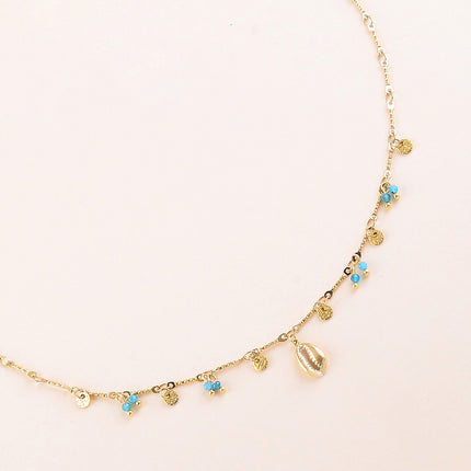 Necklace - hammered round discs, natural stones and a cowrie shell pendant