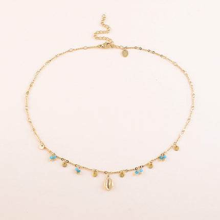 Necklace - hammered round discs, natural stones and a cowrie shell pendant