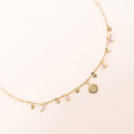 Collier - pastilles rondes martelées, pierres naturelles et pendentif soleil losange