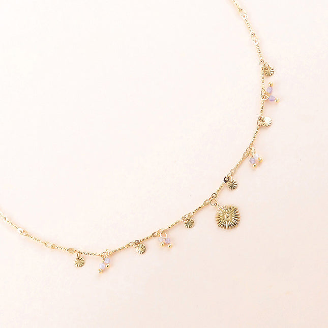 Collier - pastilles rondes martelées, pierres naturelles et pendentif soleil losange