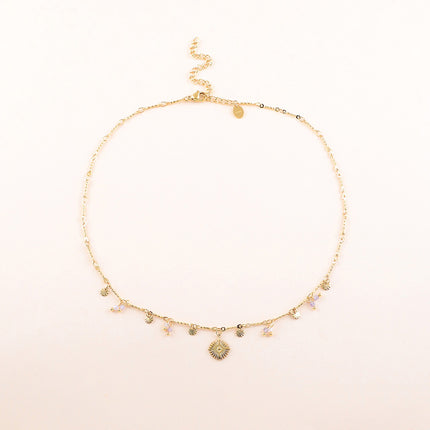 Collier - pastilles rondes martelées, pierres naturelles et pendentif soleil losange