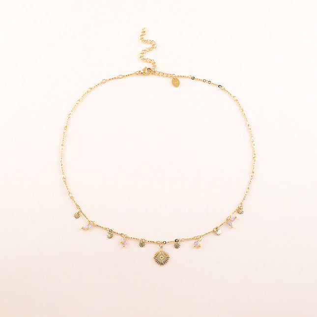 Collier - pastilles rondes martelées, pierres naturelles et pendentif soleil losange