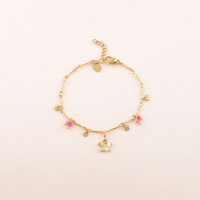 Bracelet - pastilles rondes martelées, pierres naturelles et pendentif fleur