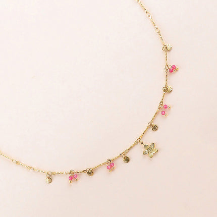Collier - pastilles rondes martelées, pierres naturelles et pendentif fleur