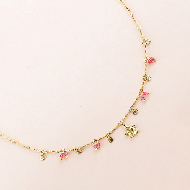Collier - pastilles rondes martelées, pierres naturelles et pendentif fleur