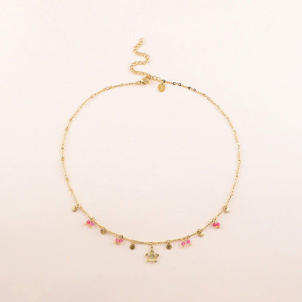 Collier - pastilles rondes martelées, pierres naturelles et pendentif fleur