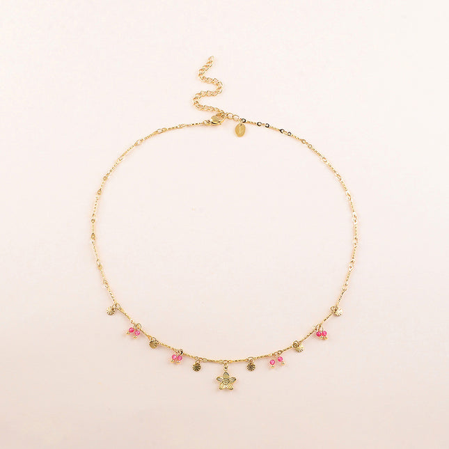 Collier - pastilles rondes martelées, pierres naturelles et pendentif fleur