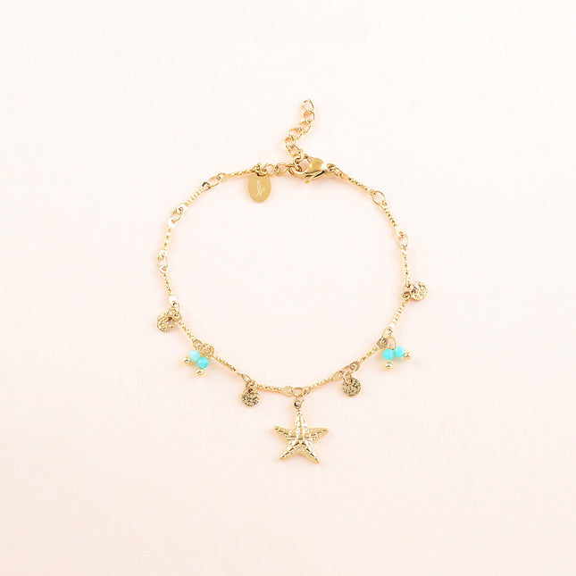 Bracelet - pastilles rondes martelées, pierres naturelles et pendentif étoile de mer