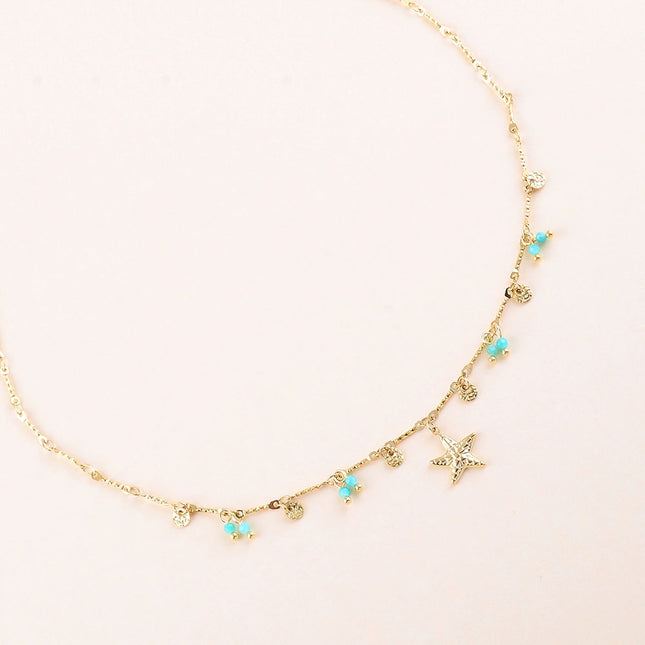 Collier - pastilles rondes martelées, pierres naturelles et pendentif étoile de mer