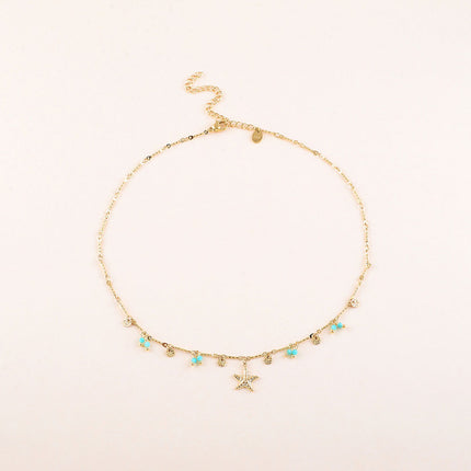 Collier - pastilles rondes martelées, pierres naturelles et pendentif étoile de mer