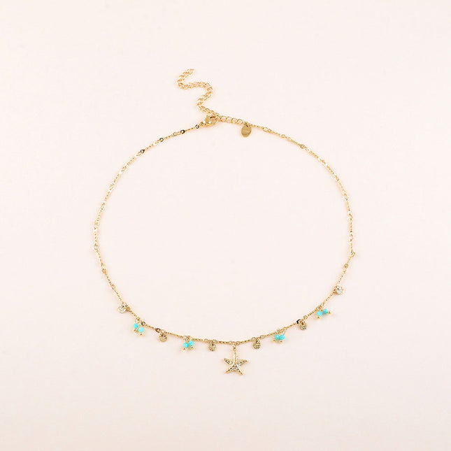 Collier - pastilles rondes martelées, pierres naturelles et pendentif étoile de mer