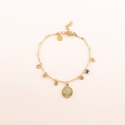 Bracelet - pastilles rondes martelées, pierres naturelles et pendentif arbre de vie