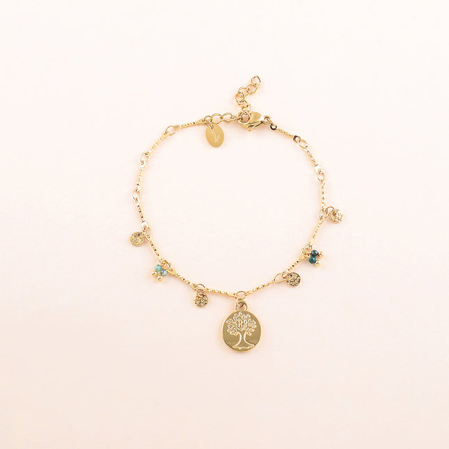 Bracelet - pastilles rondes martelées, pierres naturelles et pendentif arbre de vie