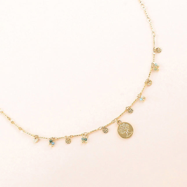 Collier - pastilles rondes martelées, pierres naturelles et pendentif arbre de vie