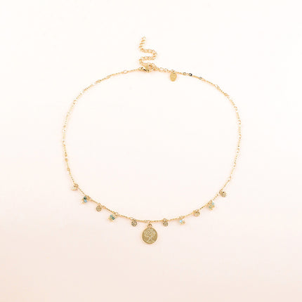 Collier - pastilles rondes martelées, pierres naturelles et pendentif arbre de vie