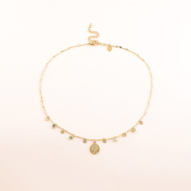 Collier - pastilles rondes martelées, pierres naturelles et pendentif arbre de vie