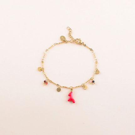Bracelet - pastilles rondes, pierres naturelles et pendentif corail en émail