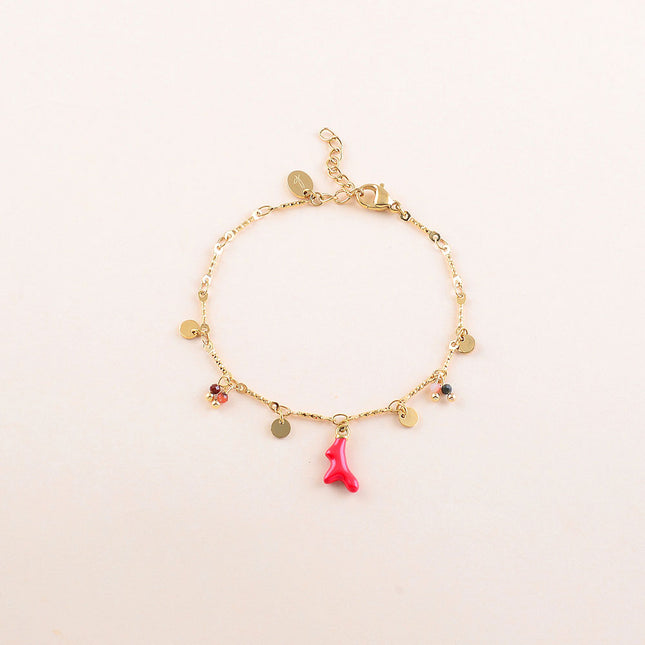 Bracelet - pastilles rondes, pierres naturelles et pendentif corail en émail