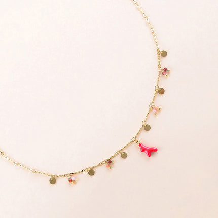 Collier - pastilles rondes, pierres naturelles et pendentif corail en émail