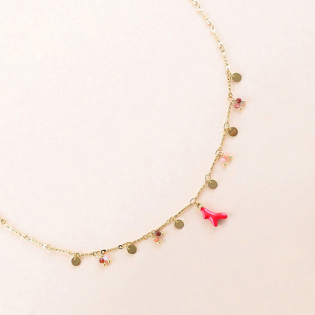 Collier - pastilles rondes, pierres naturelles et pendentif corail en émail