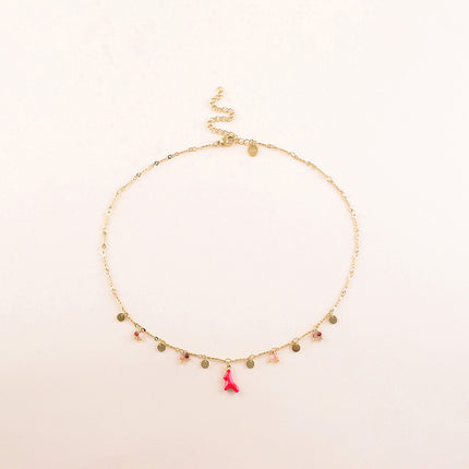 Collier - pastilles rondes, pierres naturelles et pendentif corail en émail