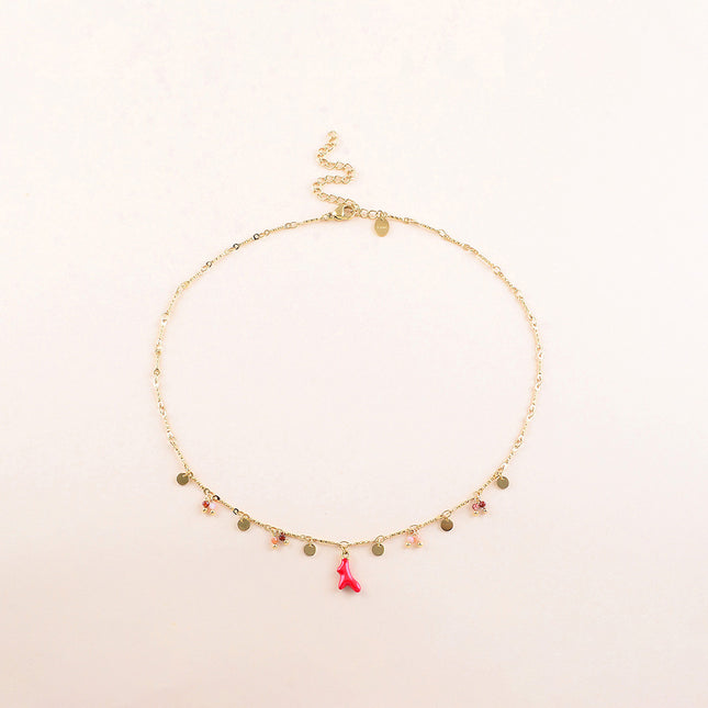 Collier - pastilles rondes, pierres naturelles et pendentif corail en émail