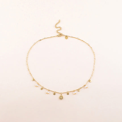 Collier - pastilles rondes martelées, pierres naturelles et pendentif corail en émail