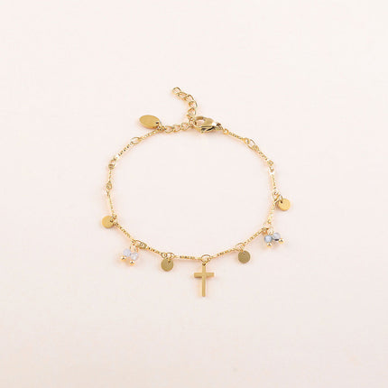 Bracelet - pastilles rondes martelées, pierres naturelles et pendentif croix religieuse